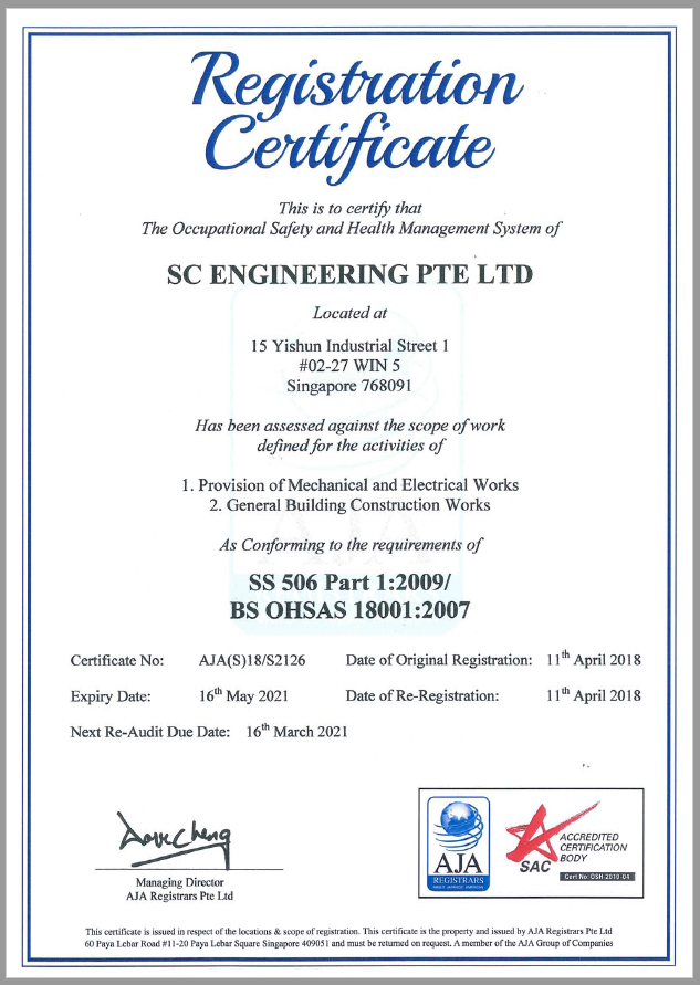 Ohsas 18001:2007 – Sc Engineering Pte Ltd